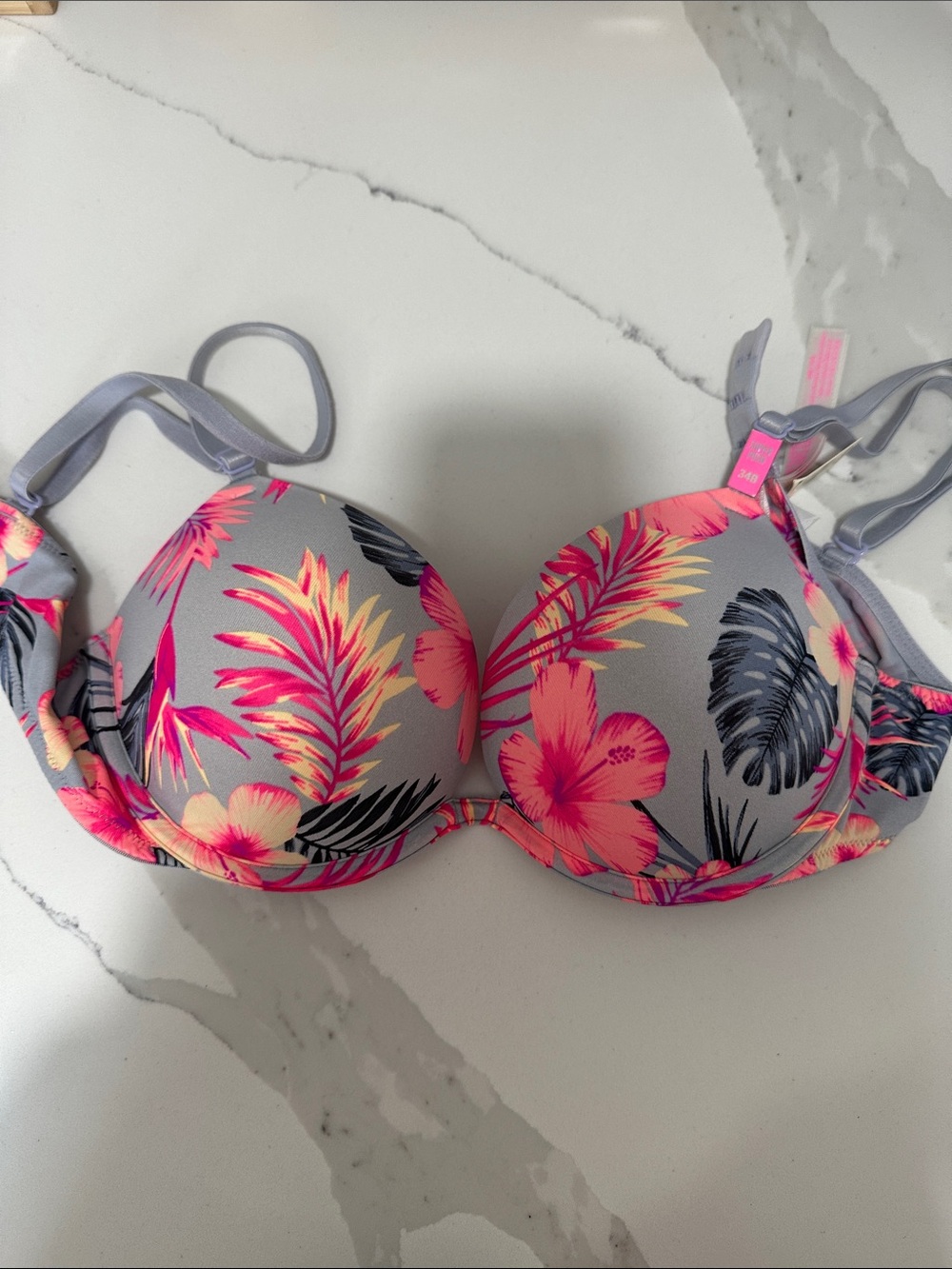 Tropical Floral Underwire Bra in Gray and Neon Pink